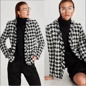 ZARA Frayed Gingham Check Houndstooth Plaid Tweed Jacket Preppy Old Money